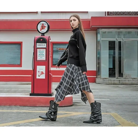 Women Retro Black Rubber Chunky Heels Mid Calf Western Boots Vintage Retro - Picture 5 of 8